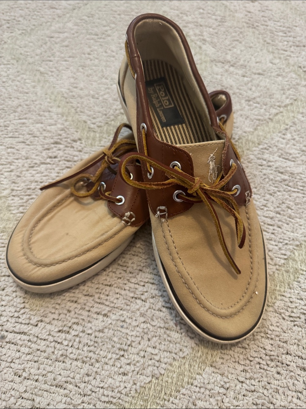 Polo Ralph Lauren Boat Shoes Canvas Leather Tan Menās Size 9.5 Casual Deck